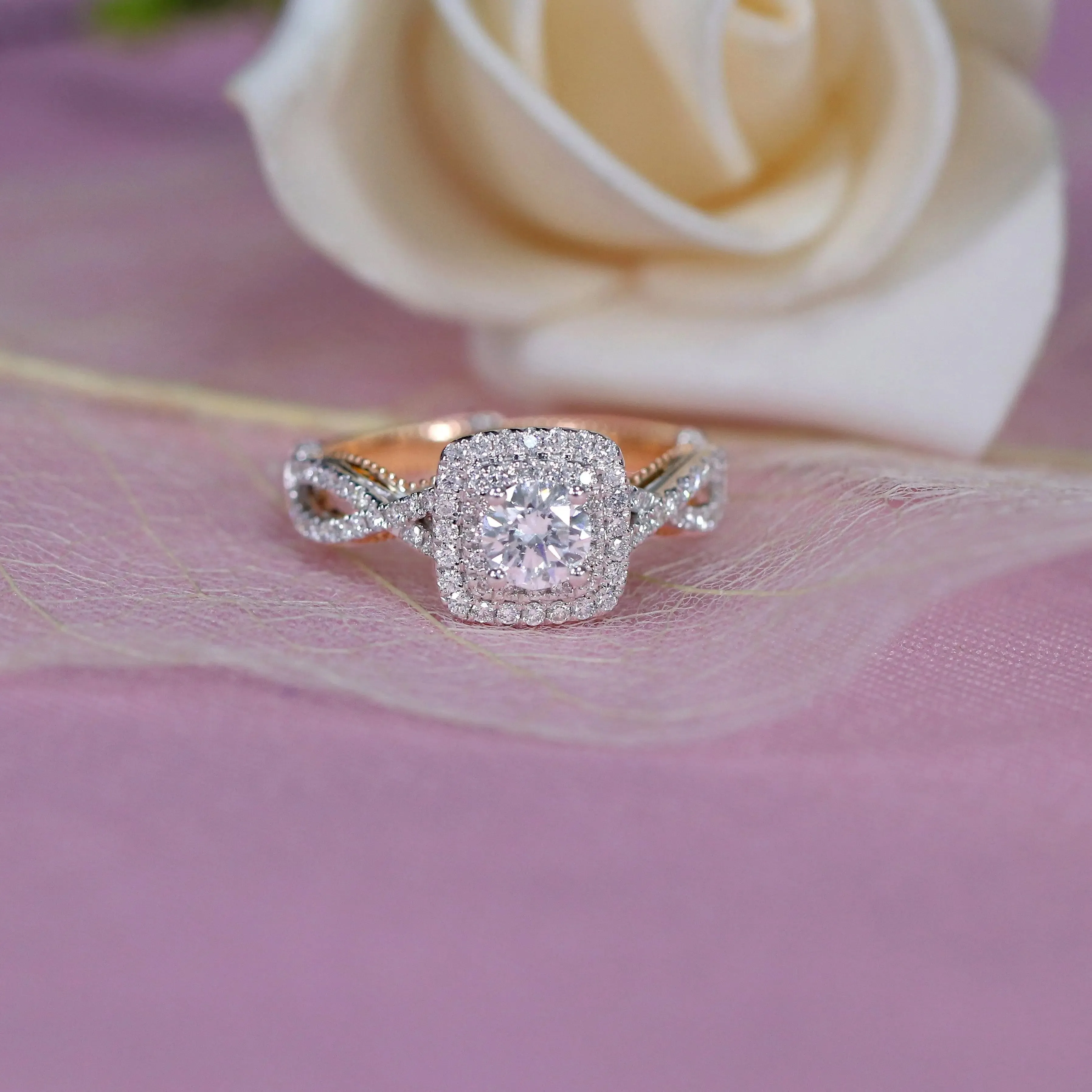 14k Rose & White Gold Double Halo Moissanite Ring 0.85ct Total