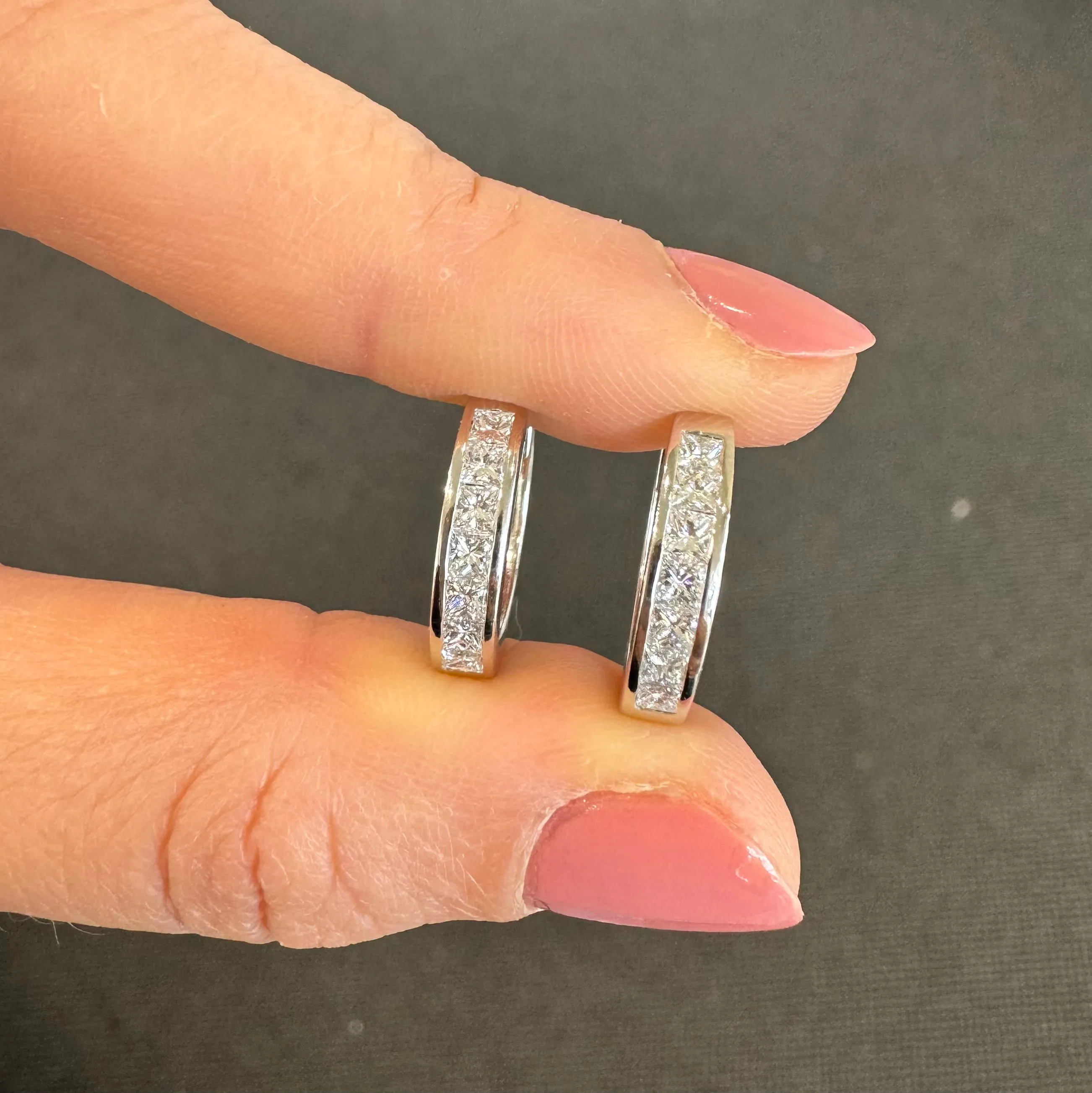 18ct White Gold Huggie Hoop Princess Cut Diamond Earrings