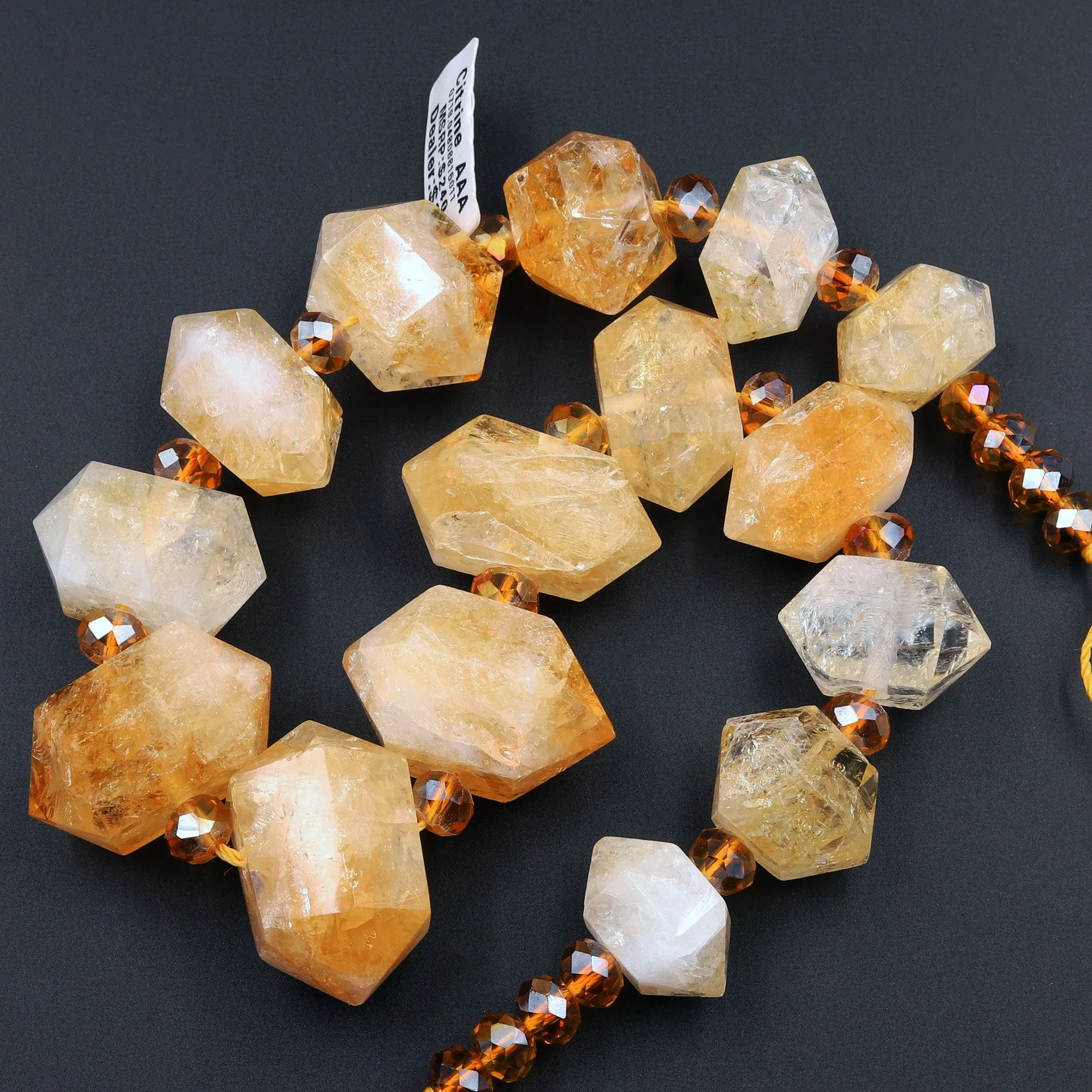 AAA Faceted Double Terminated Natural Golden Citrine Beads Points Geometric Cut Large Gemstone Pendant 15.5" Strand