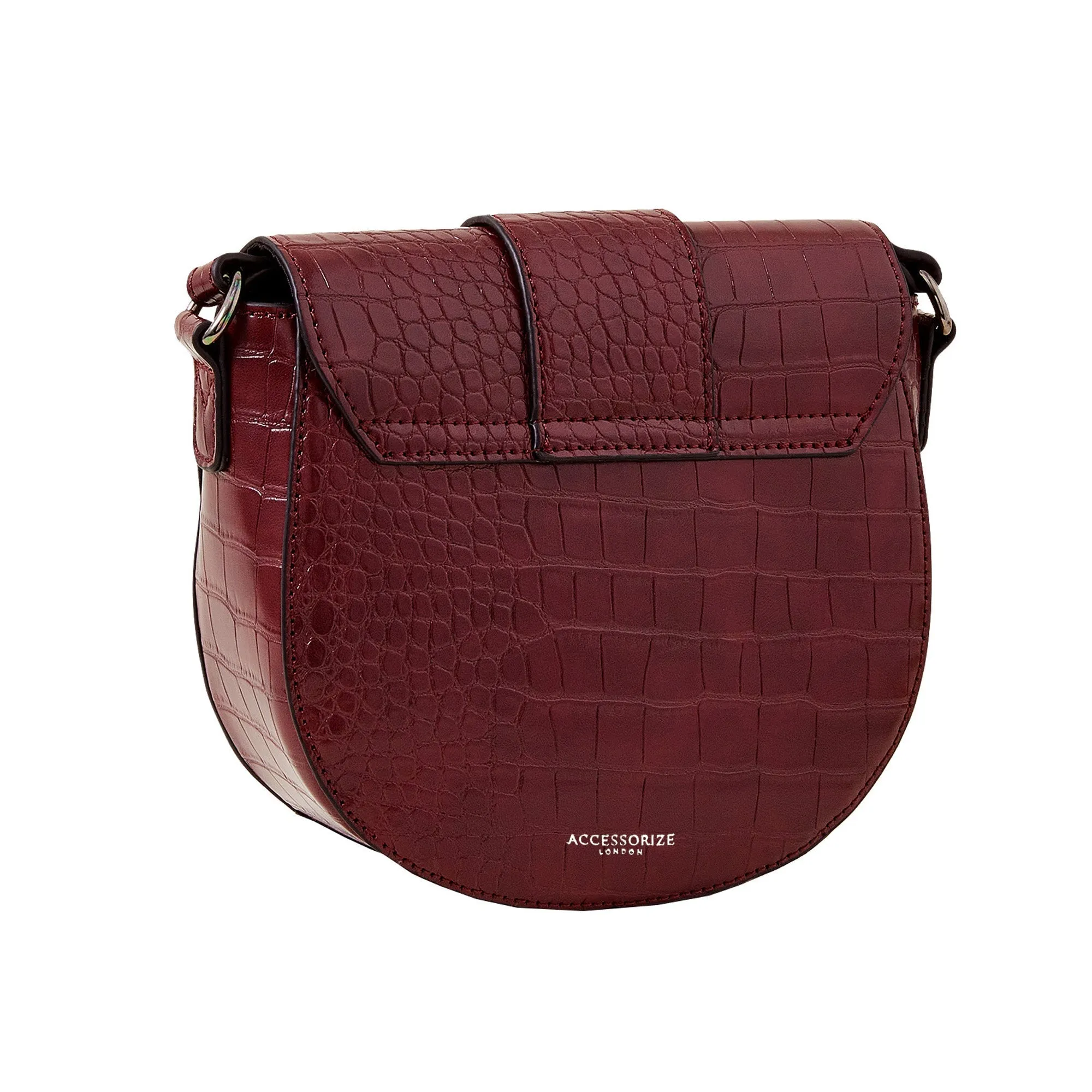 Accessorize London Women's Burgundy Faux Croc Ring Detail Saddle Bag