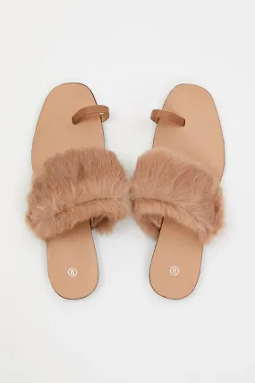 Beige Faux Fur Flat Slides