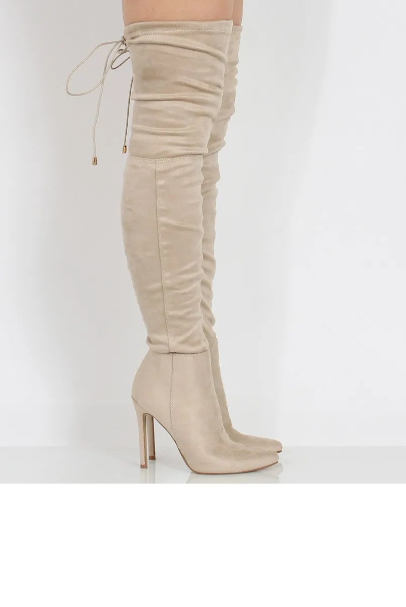 Beige Suede Over the Knee Drawstring Stiletto Boots - Avery