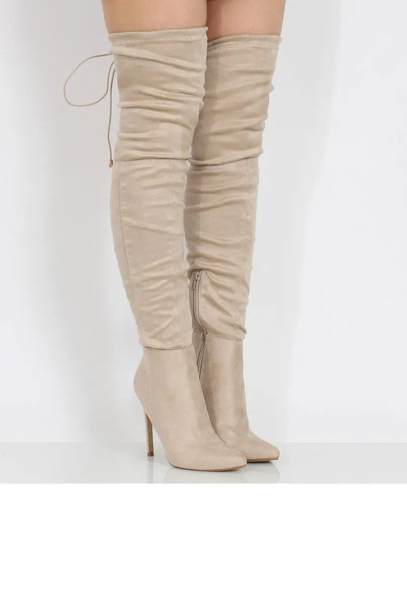 Beige Suede Over the Knee Drawstring Stiletto Boots - Avery