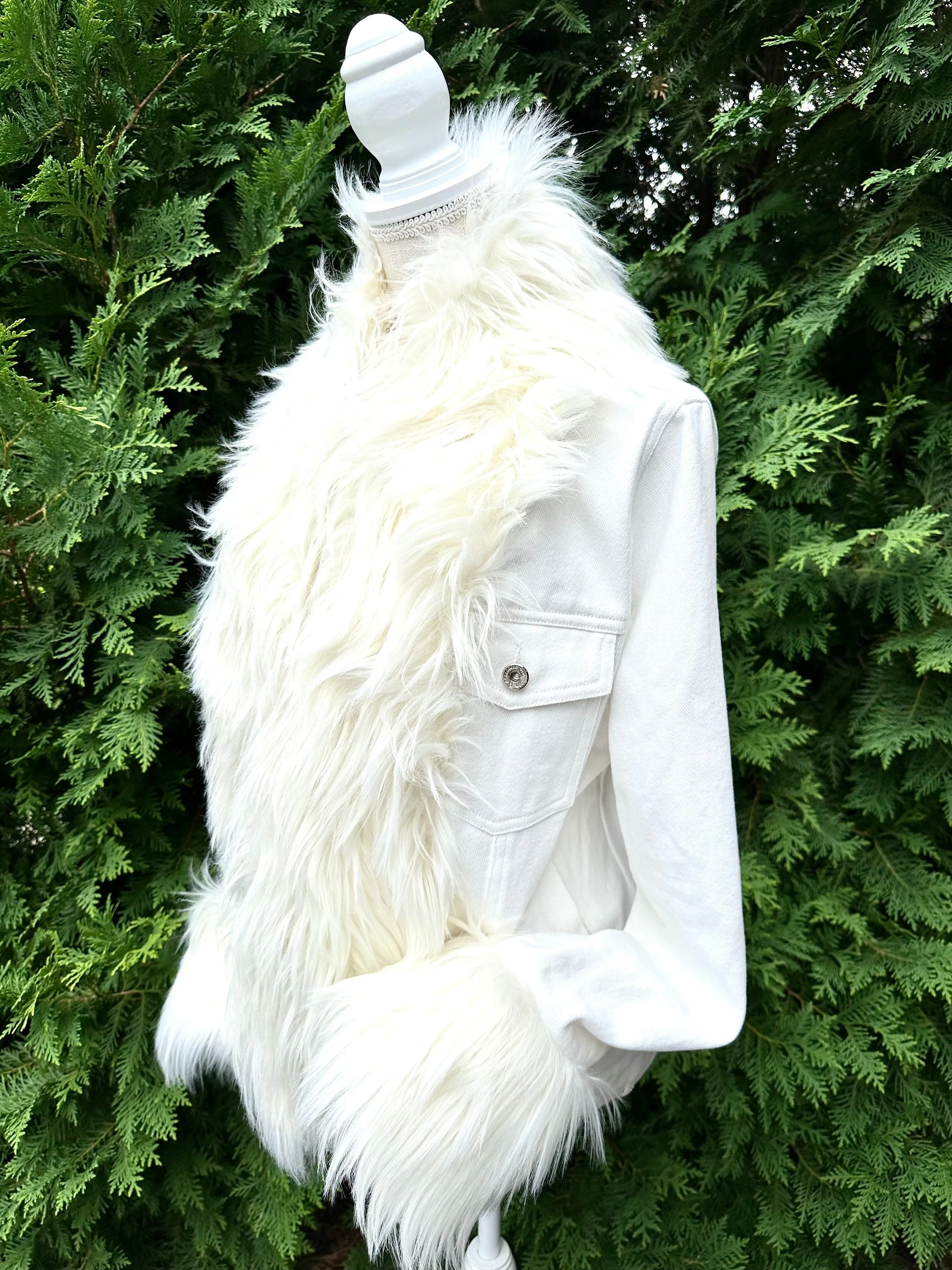 Belle White Shaggy Faux Fur White Denim Jacket