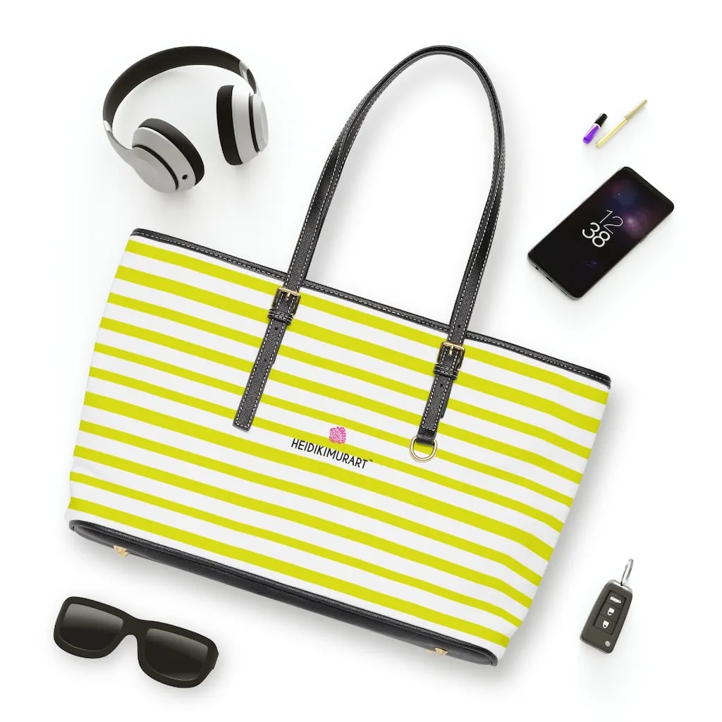 Best Yellow Striped Tote Bag, Best Designer PU Leather Shoulder Hand Work Bag 17"x11"/ 16"x10"