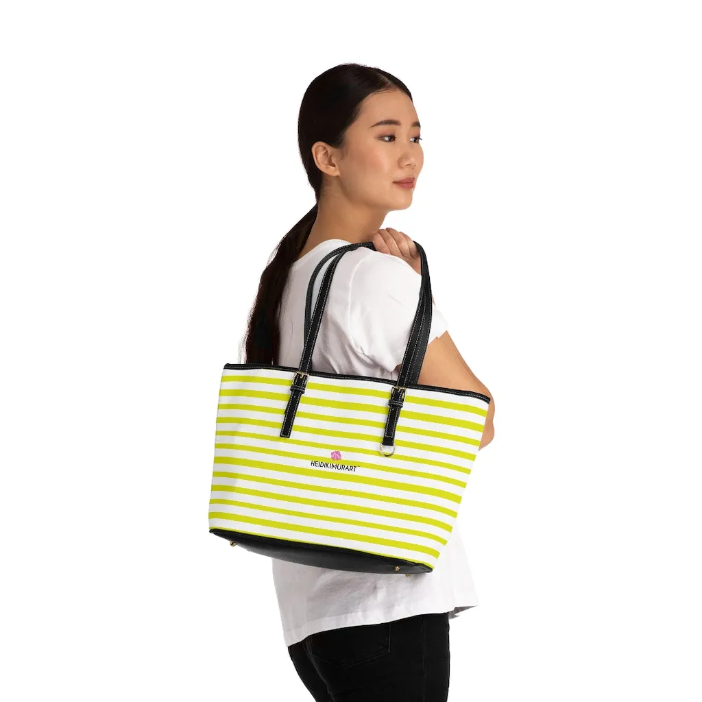 Best Yellow Striped Tote Bag, Best Designer PU Leather Shoulder Hand Work Bag 17"x11"/ 16"x10"