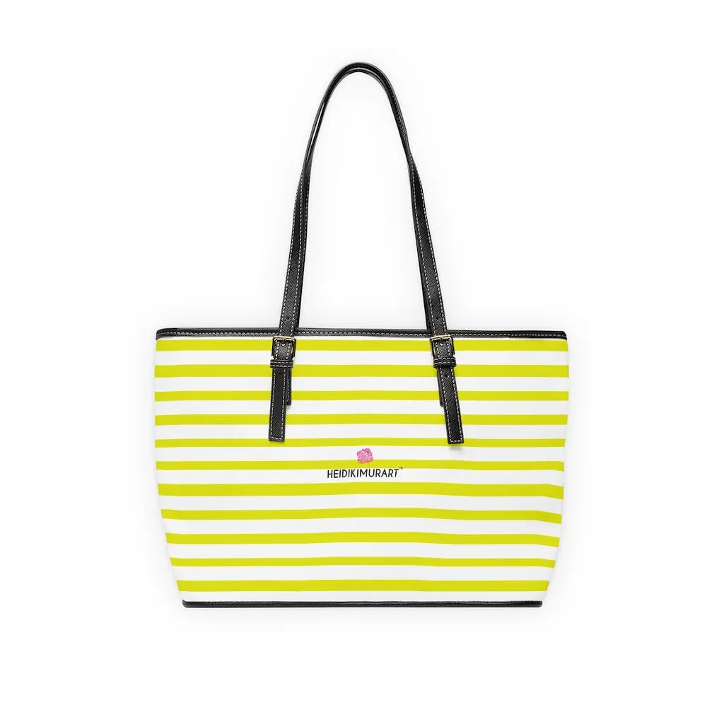 Best Yellow Striped Tote Bag, Best Designer PU Leather Shoulder Hand Work Bag 17"x11"/ 16"x10"