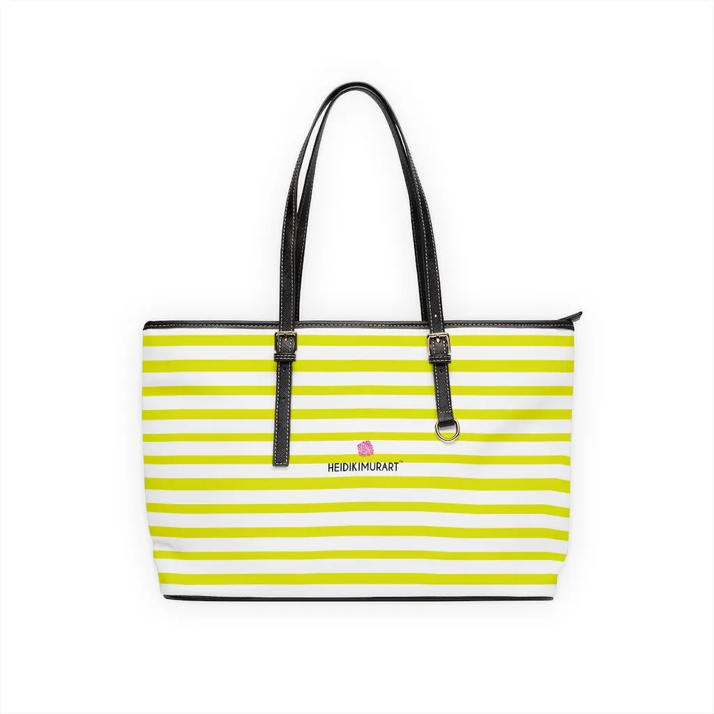 Best Yellow Striped Tote Bag, Best Designer PU Leather Shoulder Hand Work Bag 17"x11"/ 16"x10"