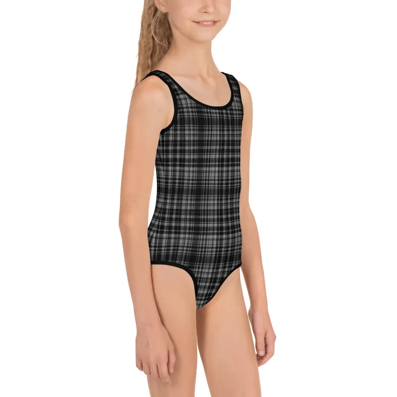 Black Gray Plaid Girl's Swimsuit, Tartan Print Kids Swimwear Bathing Suits-Made in USA/EU