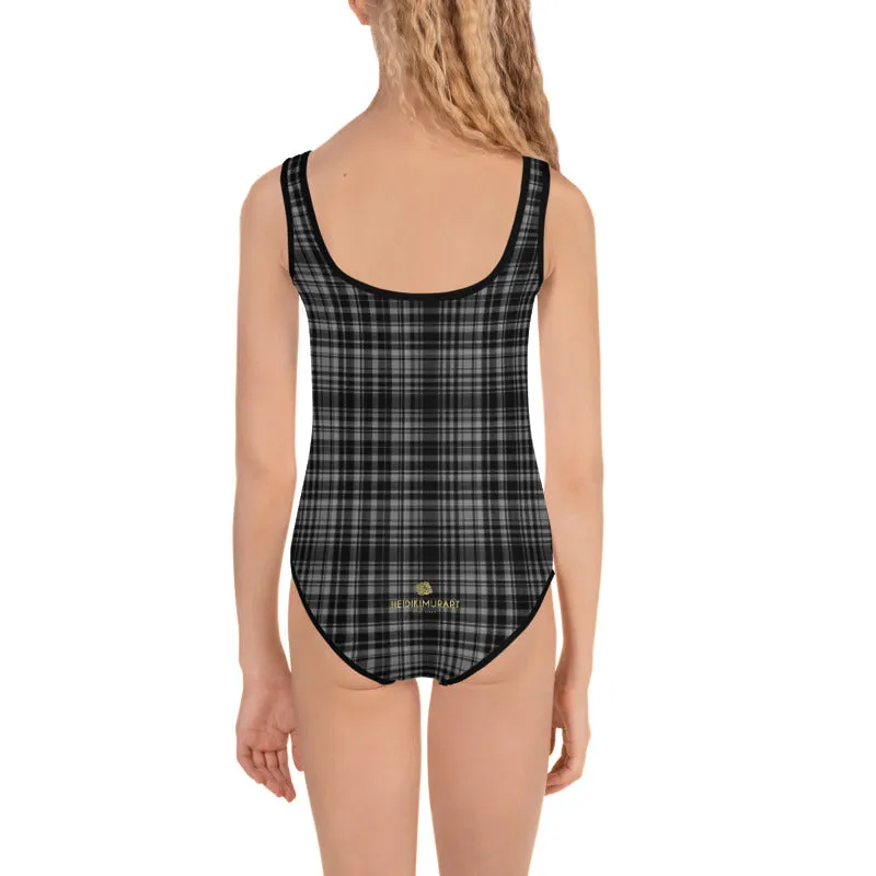 Black Gray Plaid Girl's Swimsuit, Tartan Print Kids Swimwear Bathing Suits-Made in USA/EU