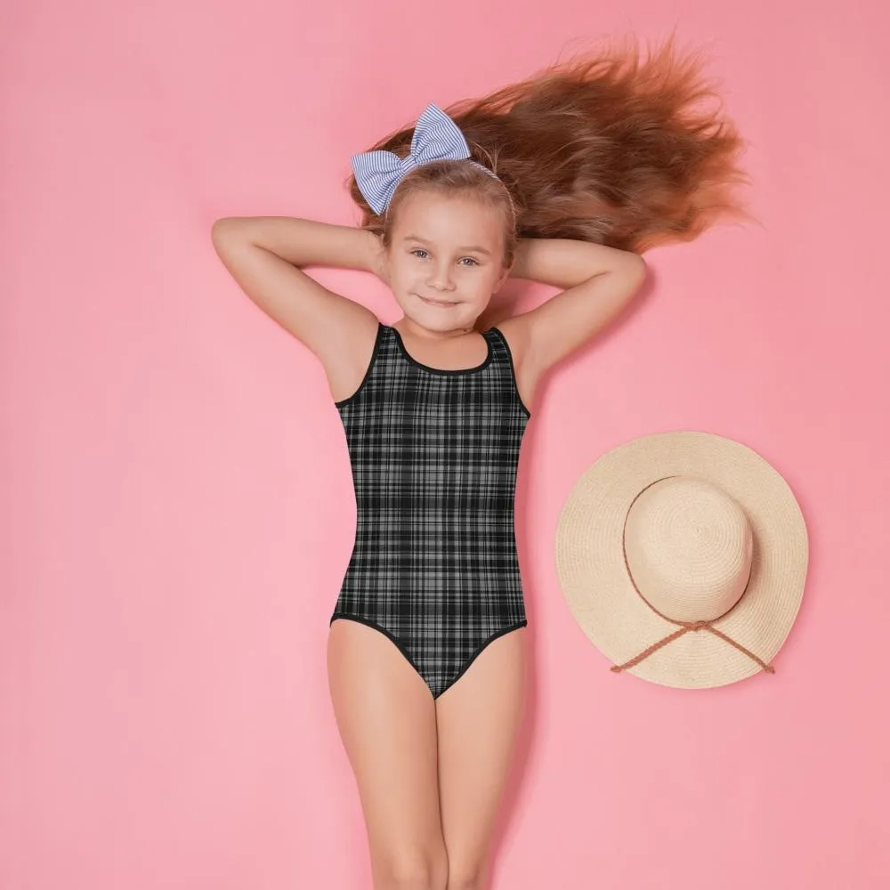 Black Gray Plaid Girl's Swimsuit, Tartan Print Kids Swimwear Bathing Suits-Made in USA/EU