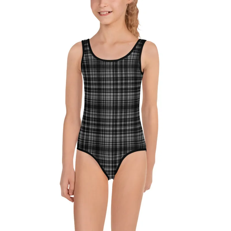 Black Gray Plaid Girl's Swimsuit, Tartan Print Kids Swimwear Bathing Suits-Made in USA/EU