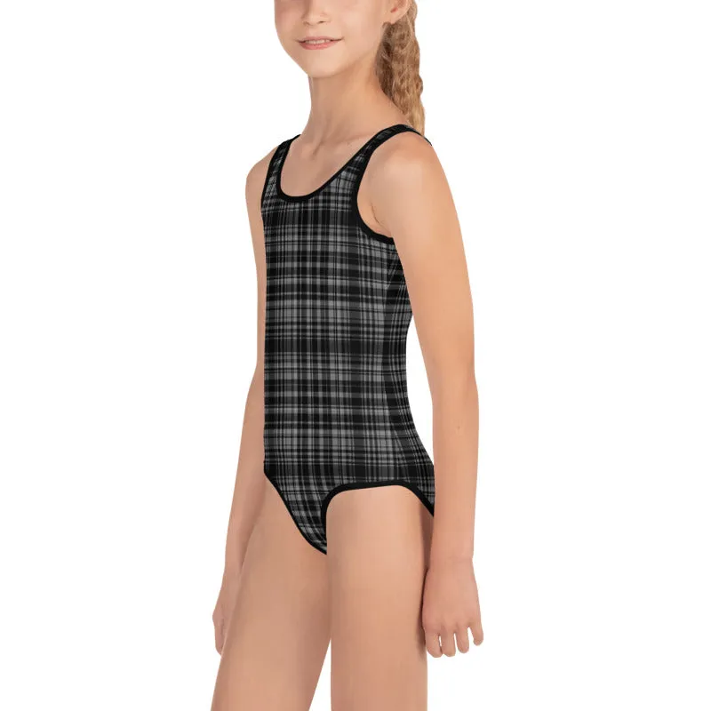 Black Gray Plaid Girl's Swimsuit, Tartan Print Kids Swimwear Bathing Suits-Made in USA/EU