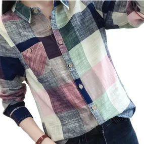 Casual Plaid Women Blouses Kimono Vintage Linen Cotton Long Sleeve Blouse Female Shirts Tops Camisa Feminina Chemise Femme