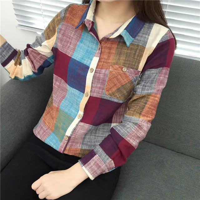 Casual Plaid Women Blouses Kimono Vintage Linen Cotton Long Sleeve Blouse Female Shirts Tops Camisa Feminina Chemise Femme