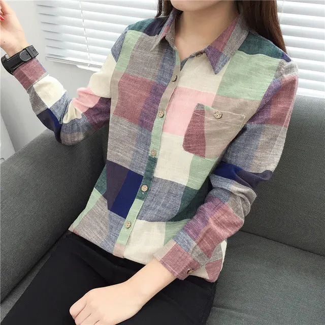 Casual Plaid Women Blouses Kimono Vintage Linen Cotton Long Sleeve Blouse Female Shirts Tops Camisa Feminina Chemise Femme