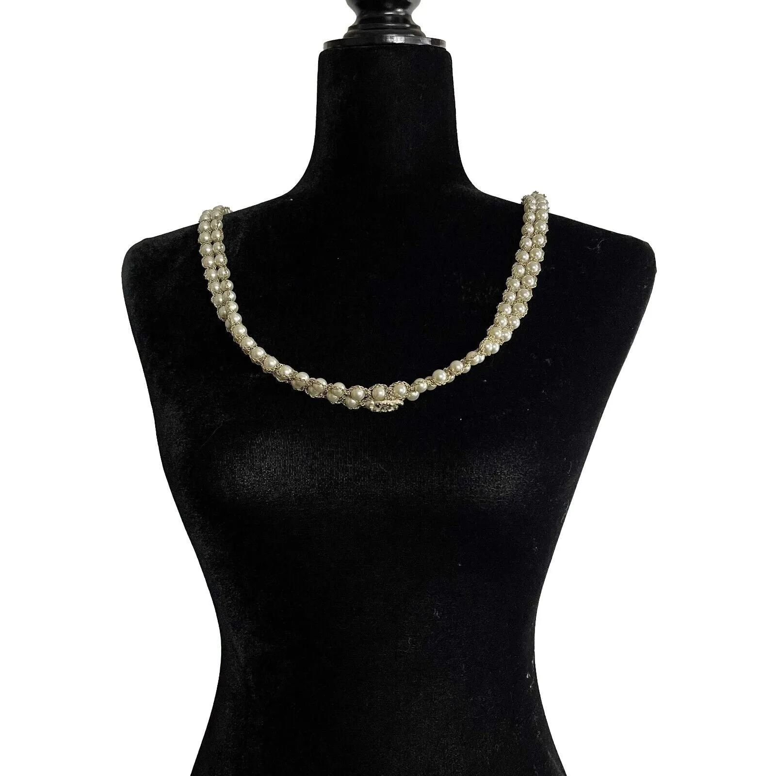 Chanel New Pearl Style Necklace Double Strand White CC Charm Chain Wrapped 2015