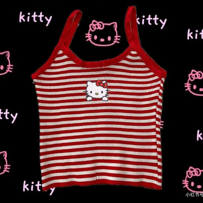 Cute Hello Kitty Y2K Spicy Girl Strap Striped Top BY1132