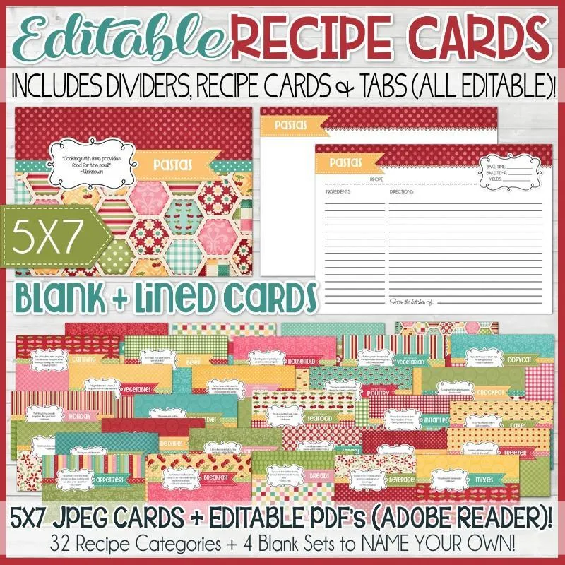 EDITABLE Recipe Card Collection RED {5x7} PRINTABLE