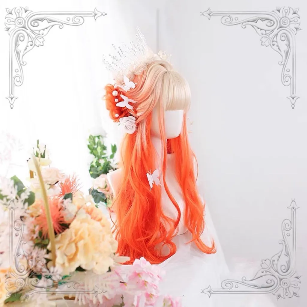 Harajuku Lolita daily gradient blonde orange long curly wig BY7069