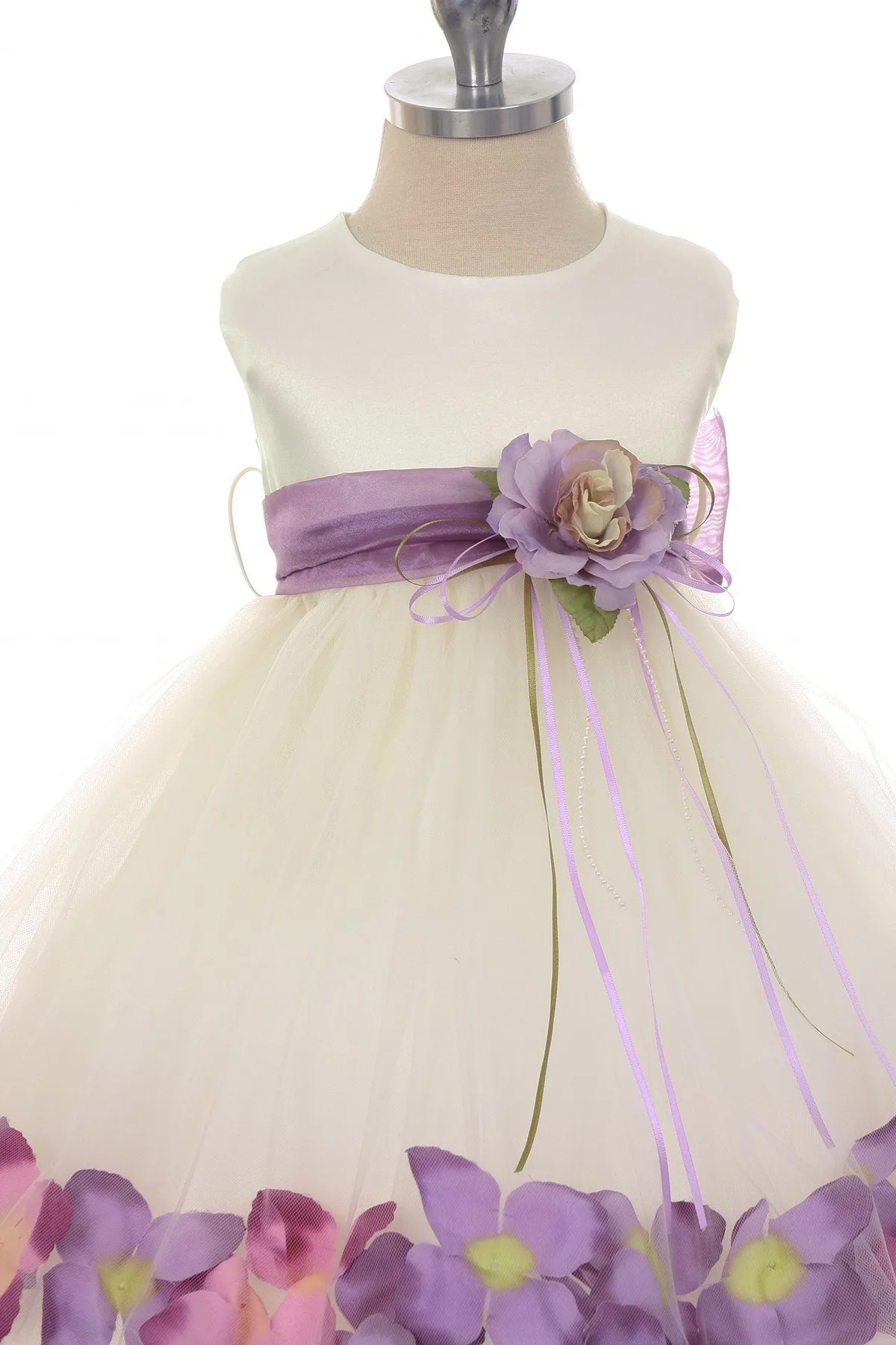 Ivory Satin Flower Petal Baby Dress with Organza Sash