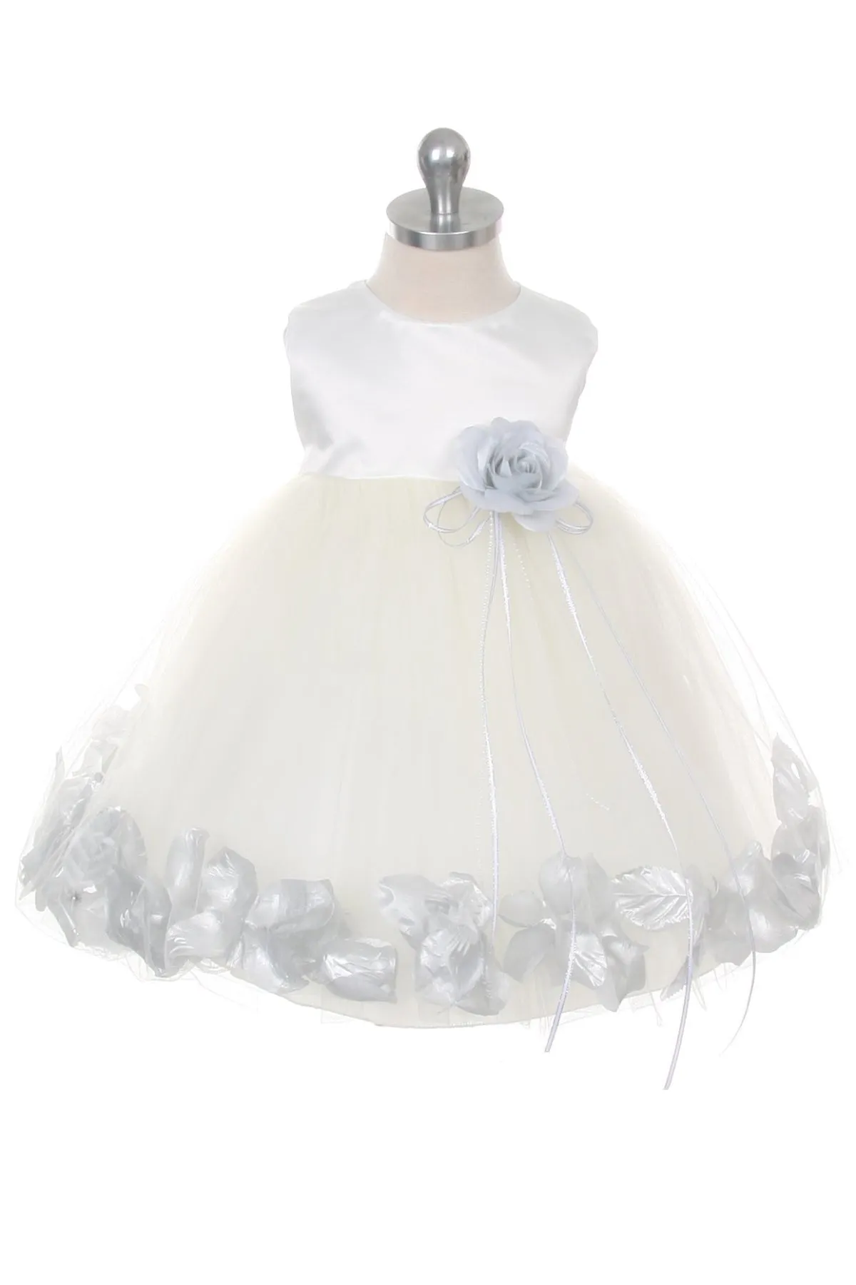 Ivory Satin Flower Petal Baby Dress with Organza Sash