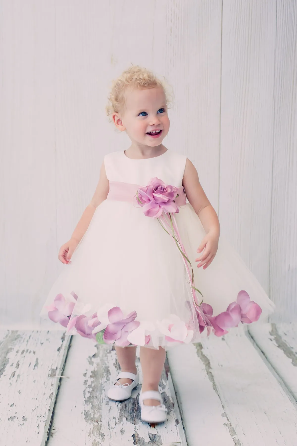 Ivory Satin Flower Petal Baby Dress with Organza Sash