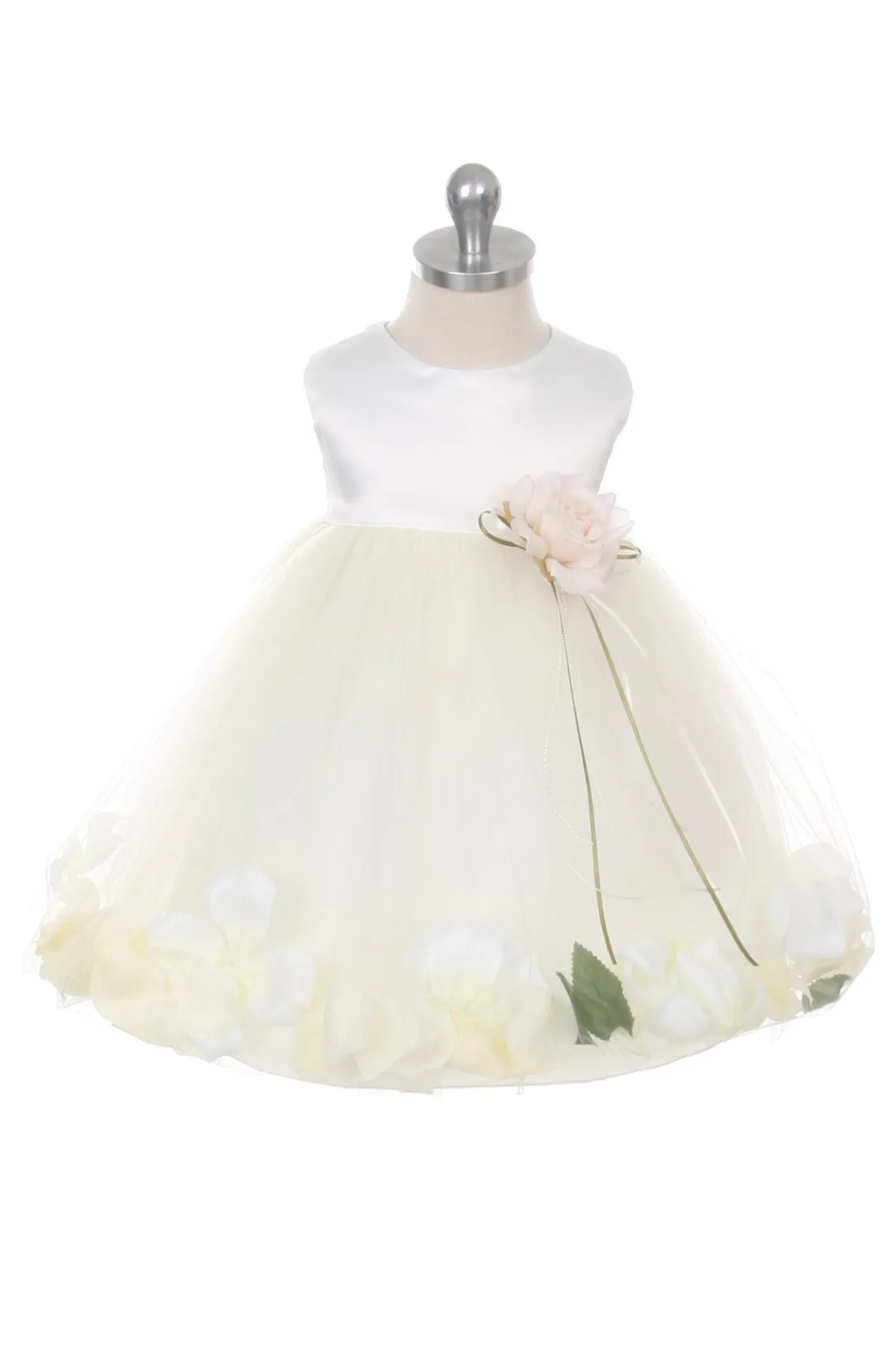 Ivory Satin Flower Petal Baby Dress with Organza Sash