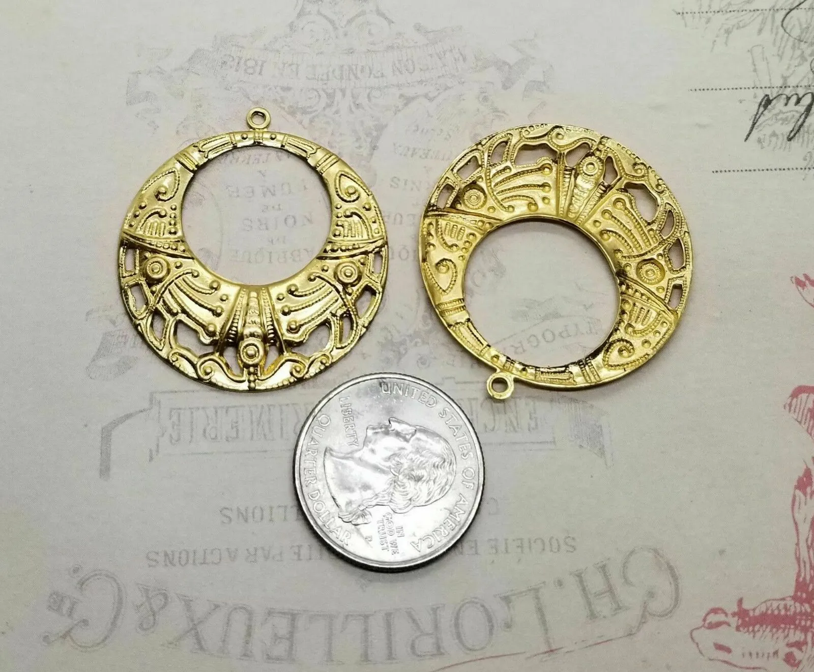 Large Brass Ornate Filigree Charms x 2 - 5897S.