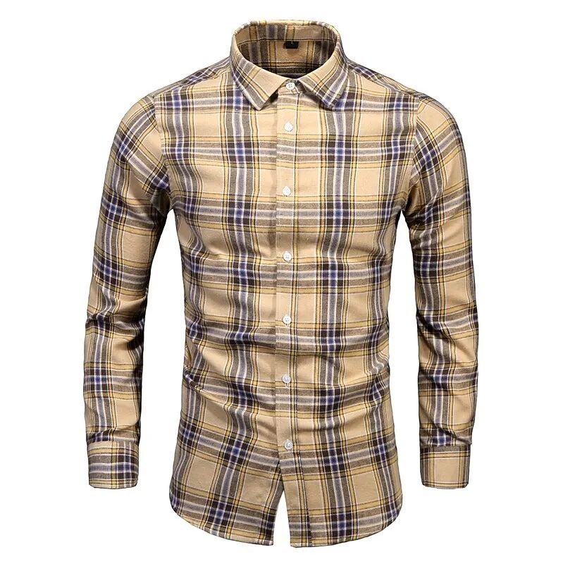 Men's Dress Shirts Long Sleeve Casual Plaid Office Slim Fit Chemise Homme Clothing Vintage Clothes Streetwear