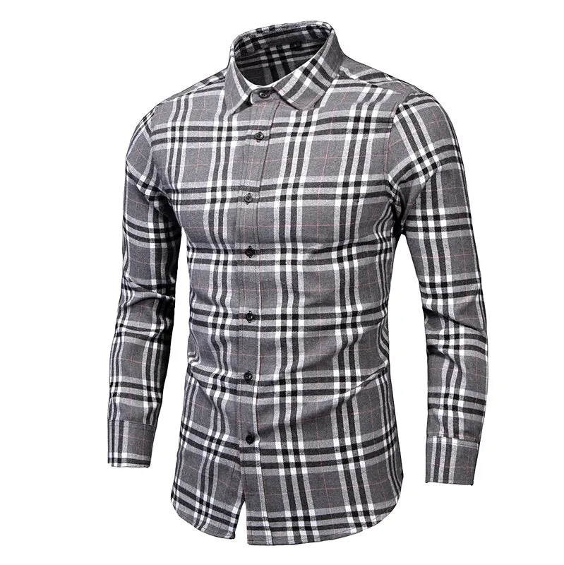 Men's Dress Shirts Long Sleeve Casual Plaid Office Slim Fit Chemise Homme Clothing Vintage Clothes Streetwear