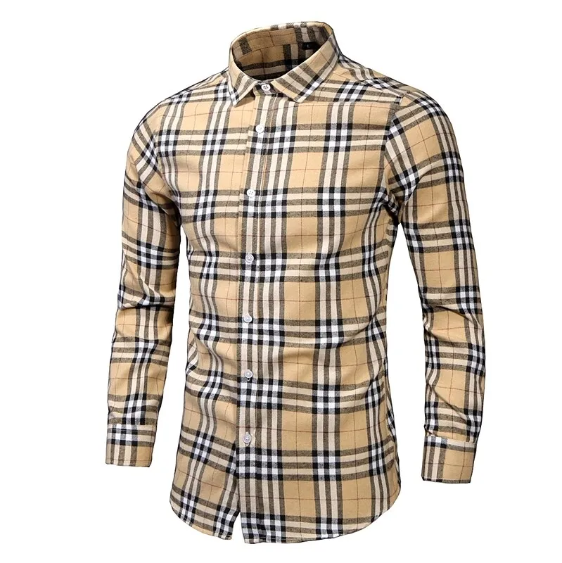 Men's Dress Shirts Long Sleeve Casual Plaid Office Slim Fit Chemise Homme Clothing Vintage Clothes Streetwear