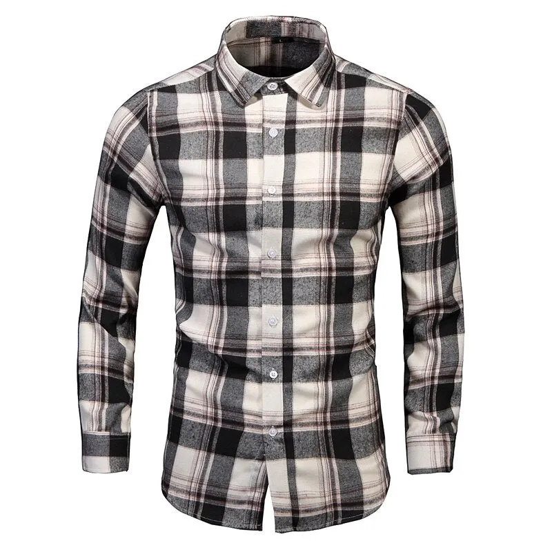 Men's Dress Shirts Long Sleeve Casual Plaid Office Slim Fit Chemise Homme Clothing Vintage Clothes Streetwear