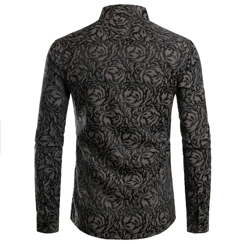 Men's Floral Black Dress Shirts Stylish Long Sleeve Steampunk arty Club Bar Social Shirt Chemise Homme