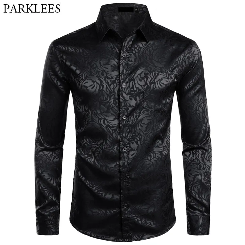 Men's Floral Black Dress Shirts Stylish Long Sleeve Steampunk arty Club Bar Social Shirt Chemise Homme