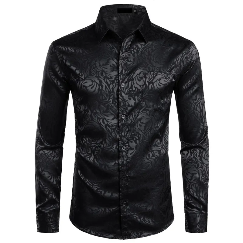 Men's Floral Black Dress Shirts Stylish Long Sleeve Steampunk arty Club Bar Social Shirt Chemise Homme