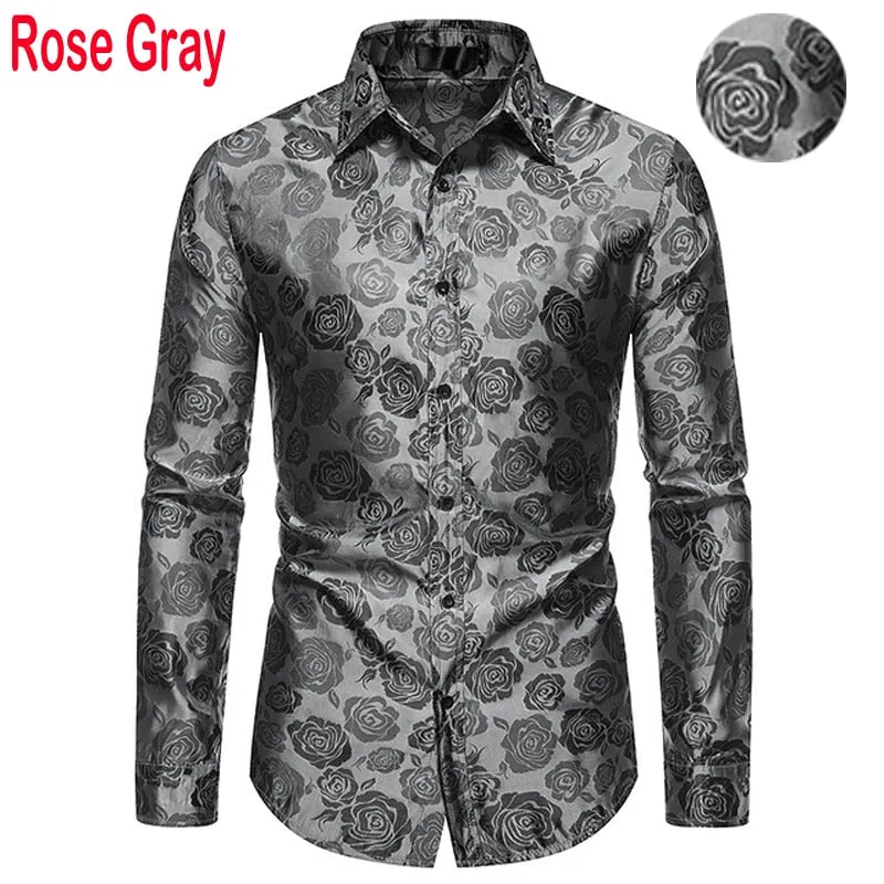 Men's Floral Black Dress Shirts Stylish Long Sleeve Steampunk arty Club Bar Social Shirt Chemise Homme