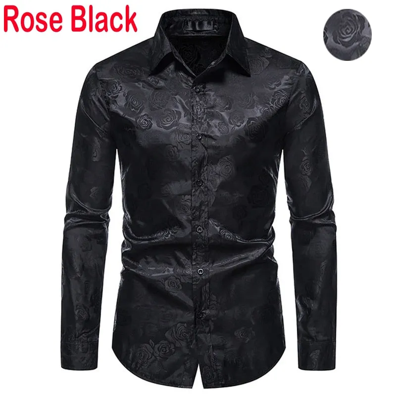 Men's Floral Black Dress Shirts Stylish Long Sleeve Steampunk arty Club Bar Social Shirt Chemise Homme