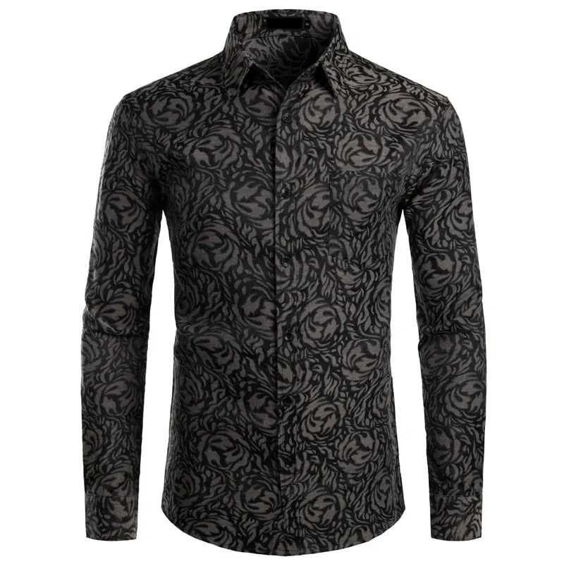 Men's Floral Black Dress Shirts Stylish Long Sleeve Steampunk arty Club Bar Social Shirt Chemise Homme