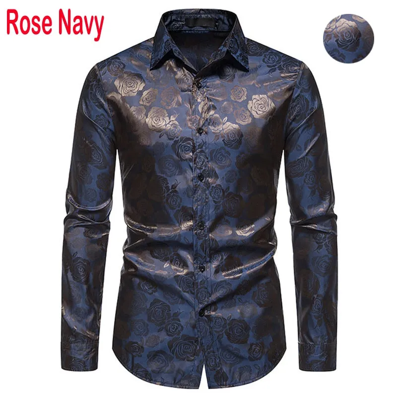 Men's Floral Black Dress Shirts Stylish Long Sleeve Steampunk arty Club Bar Social Shirt Chemise Homme