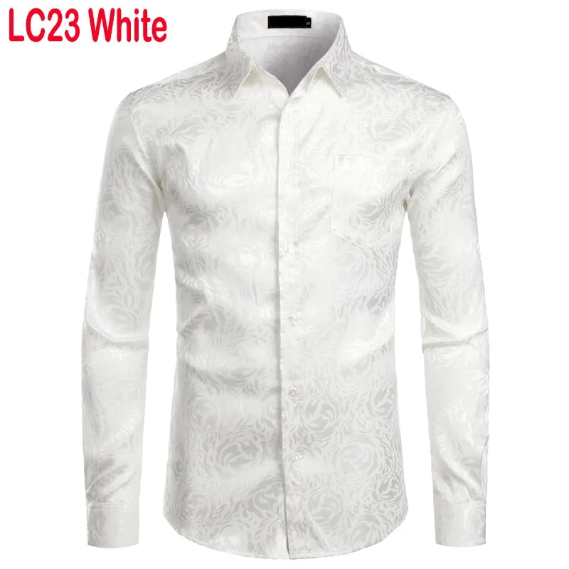 Men's Floral Black Dress Shirts Stylish Long Sleeve Steampunk arty Club Bar Social Shirt Chemise Homme