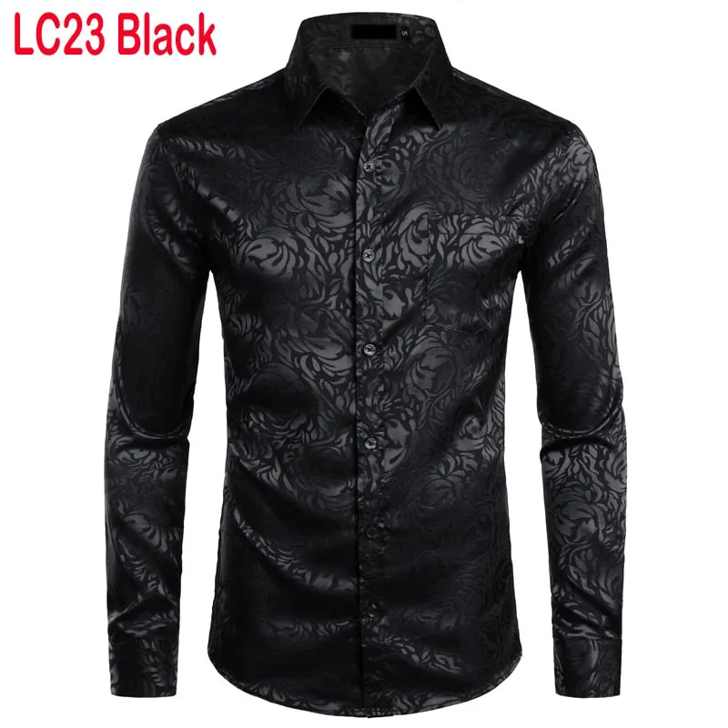 Men's Floral Black Dress Shirts Stylish Long Sleeve Steampunk arty Club Bar Social Shirt Chemise Homme