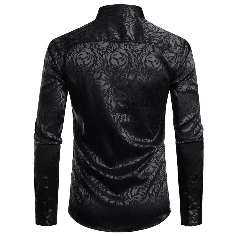 Men's Floral Black Dress Shirts Stylish Long Sleeve Steampunk arty Club Bar Social Shirt Chemise Homme