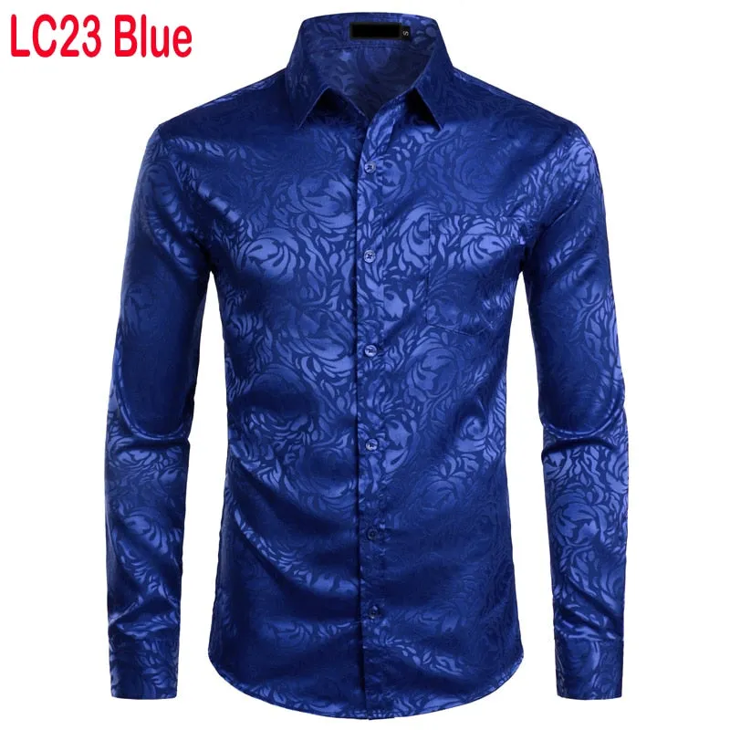 Men's Floral Black Dress Shirts Stylish Long Sleeve Steampunk arty Club Bar Social Shirt Chemise Homme