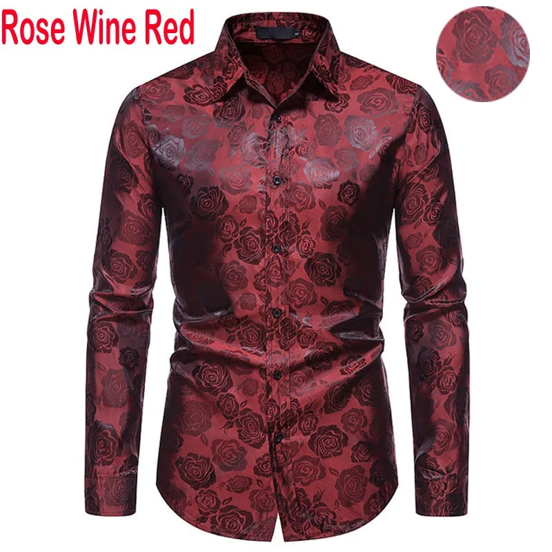 Men's Floral Black Dress Shirts Stylish Long Sleeve Steampunk arty Club Bar Social Shirt Chemise Homme