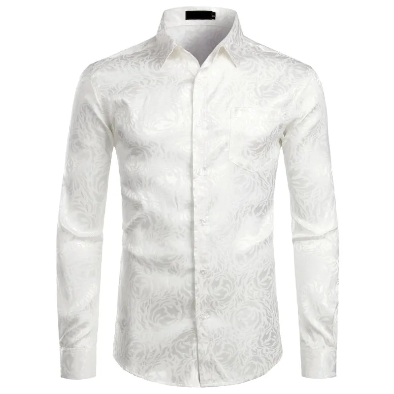 Men's Floral Black Dress Shirts Stylish Long Sleeve Steampunk arty Club Bar Social Shirt Chemise Homme