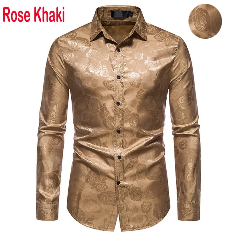 Men's Floral Black Dress Shirts Stylish Long Sleeve Steampunk arty Club Bar Social Shirt Chemise Homme