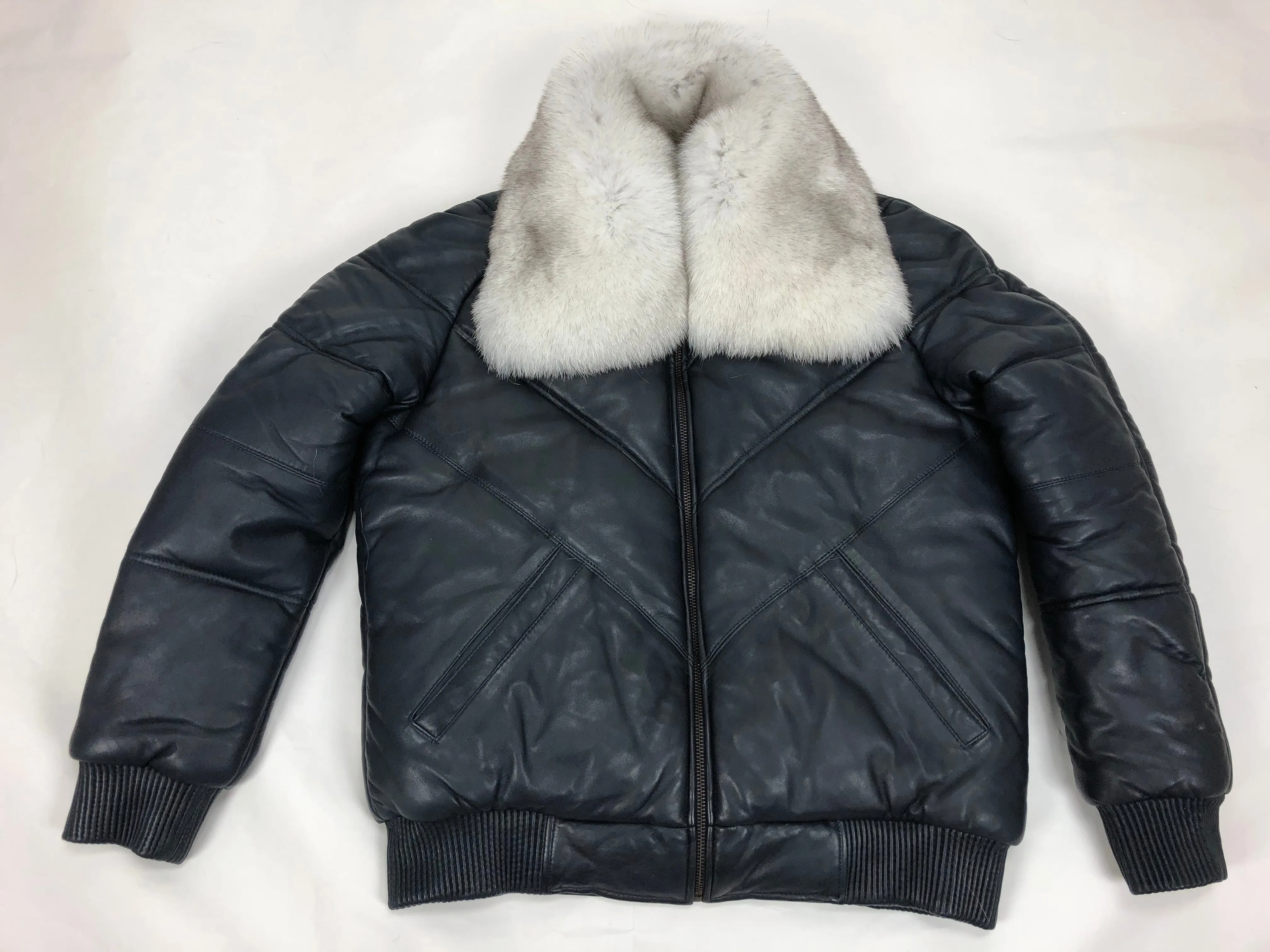 Men's V-Bomber Navy Premium Siberian Fox Collar