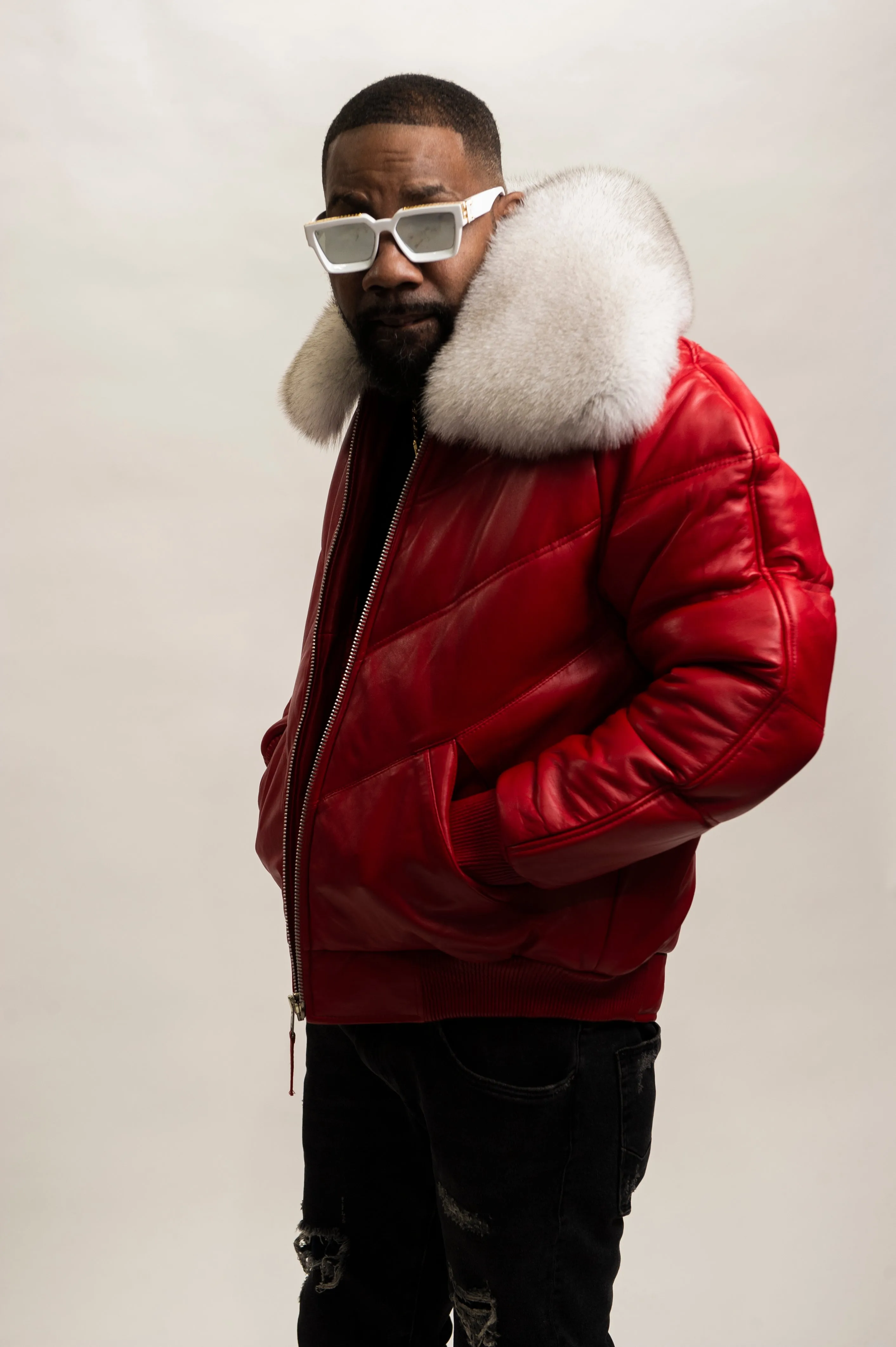 Men's V-Bomber Red Premium Fox Collar [Red/Natural White Fox]