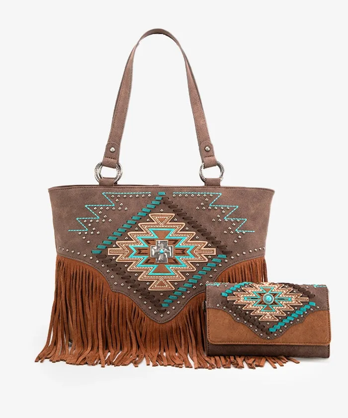 Montana West Aztec Fringe Concealed Carry Handbag Set